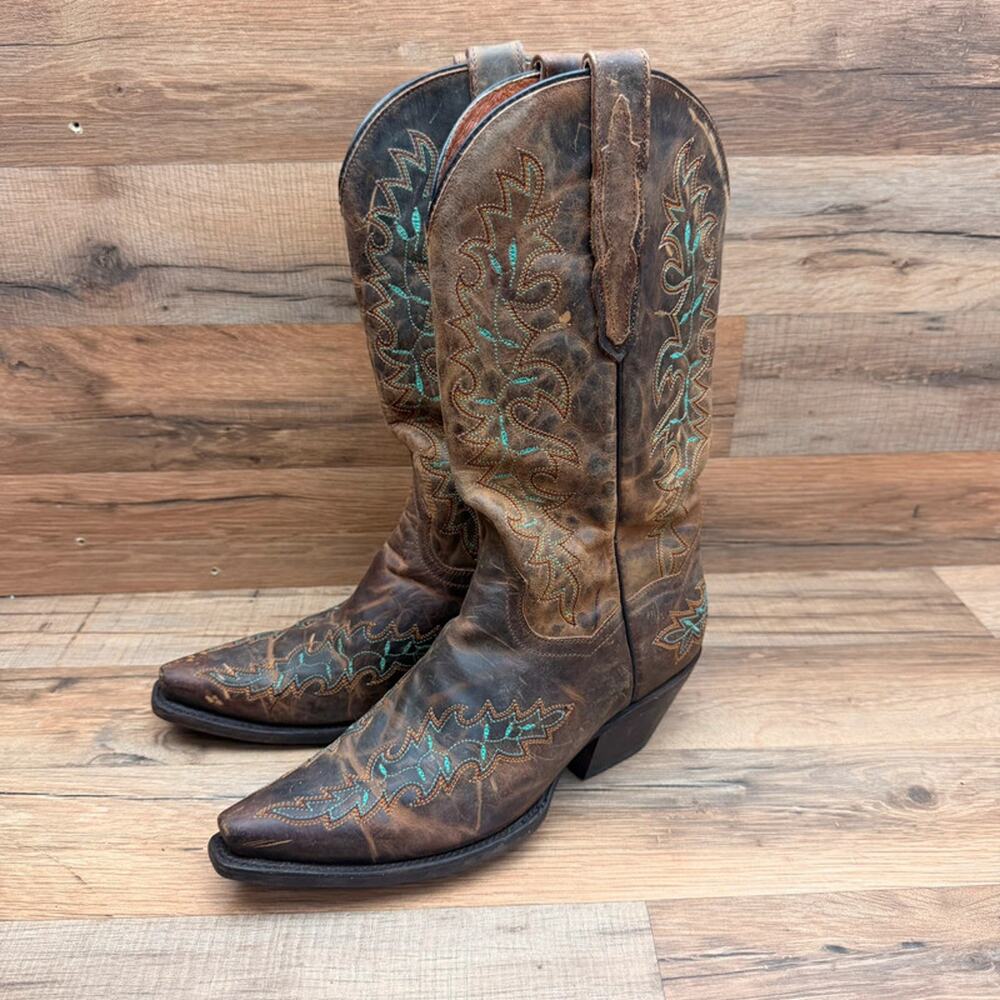 Dan Post Womens 7M brown Leather Cowboy Boots Studded Snip Toe Western Vintage
